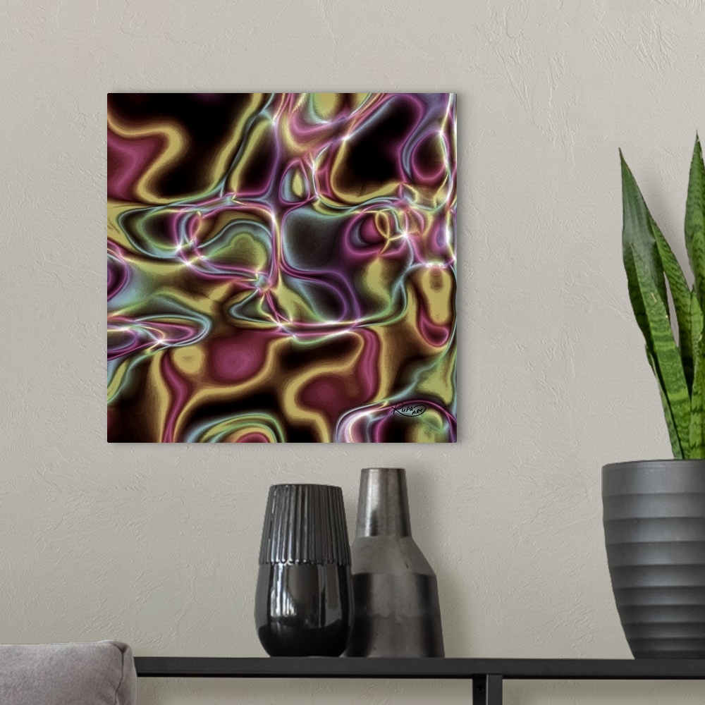 A modern room featuring Abstract art with moving lines of color all connecting through white center points on a black bac...