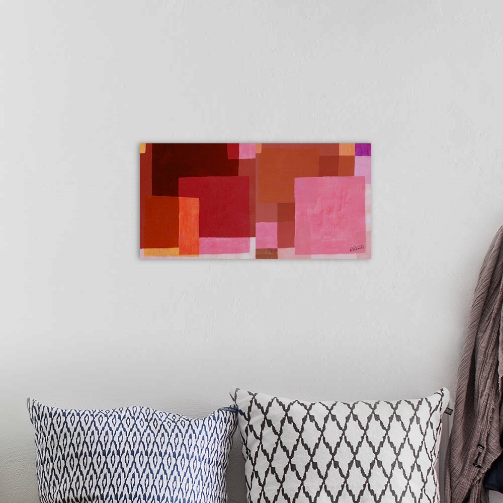 A bohemian room featuring Abstract painting with layered geometric squares in shades of pink, red, orange, and purple.
