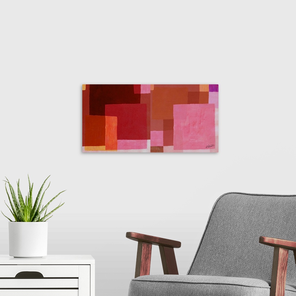 A modern room featuring Abstract painting with layered geometric squares in shades of pink, red, orange, and purple.