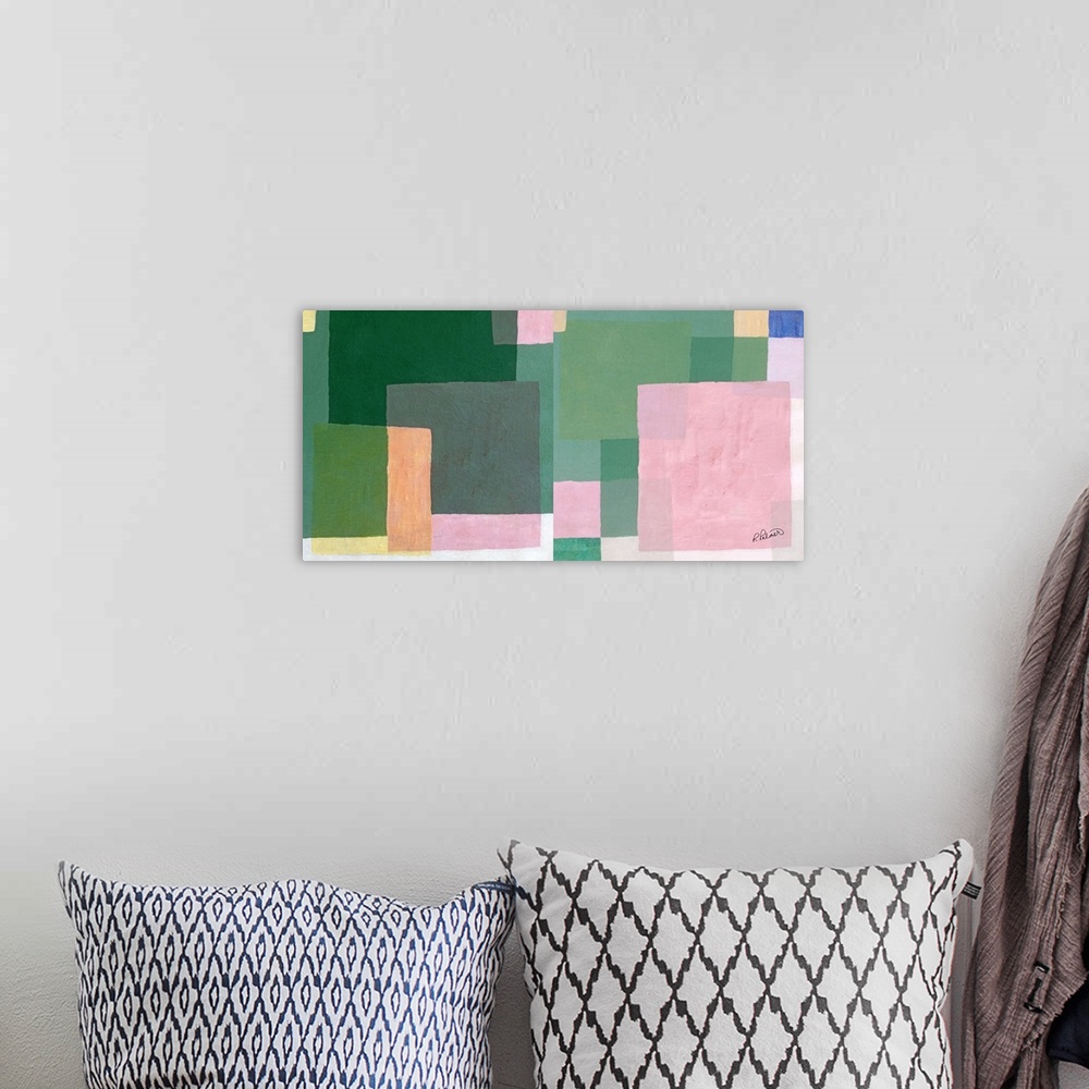 A bohemian room featuring Abstract painting with layered geometric squares in shades of green, pink, yellow and  blue.