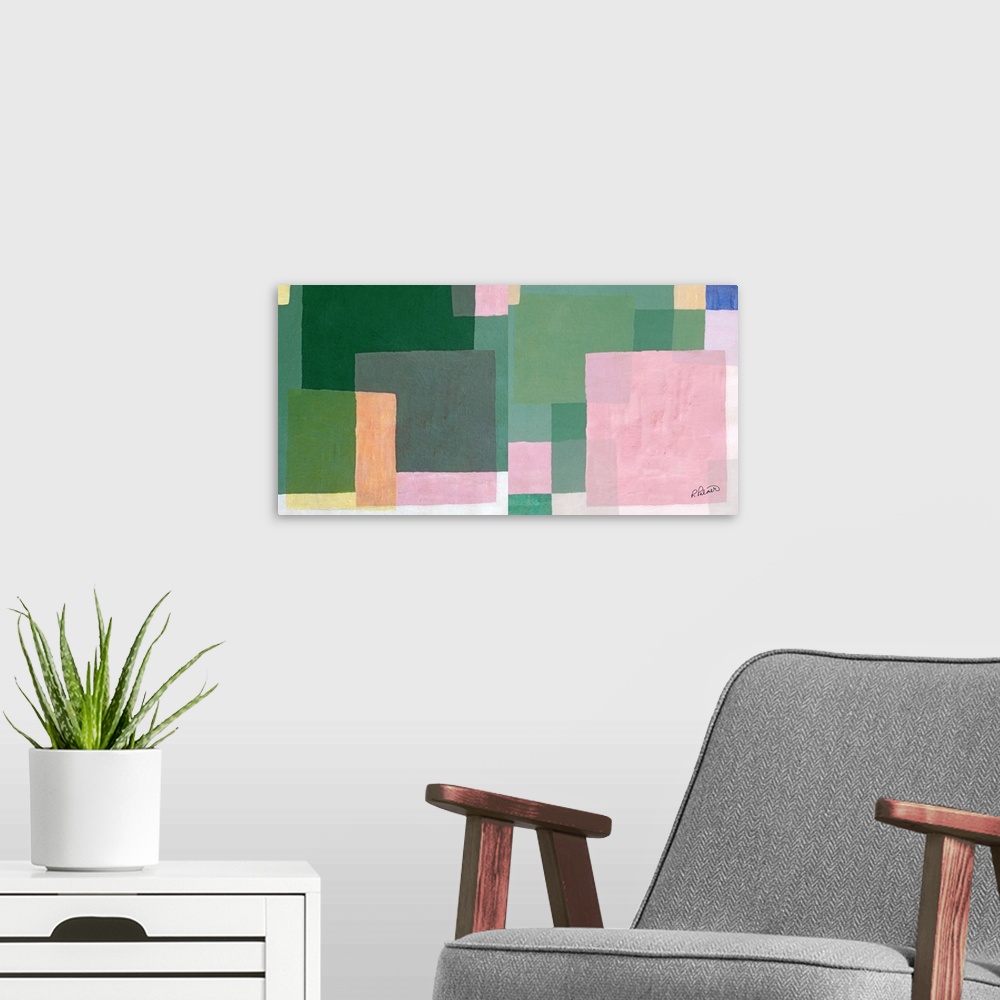 A modern room featuring Abstract painting with layered geometric squares in shades of green, pink, yellow and  blue.