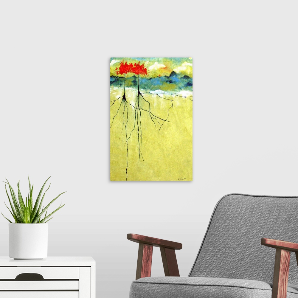 A modern room featuring Portrait, contemporary painting on a big wall hanging of a small landscape at the very top of the...