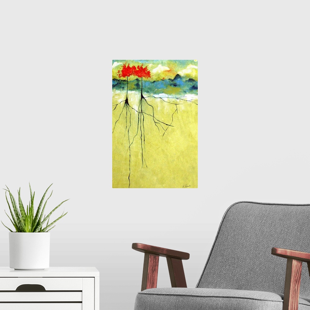 A modern room featuring Portrait, contemporary painting on a big wall hanging of a small landscape at the very top of the...