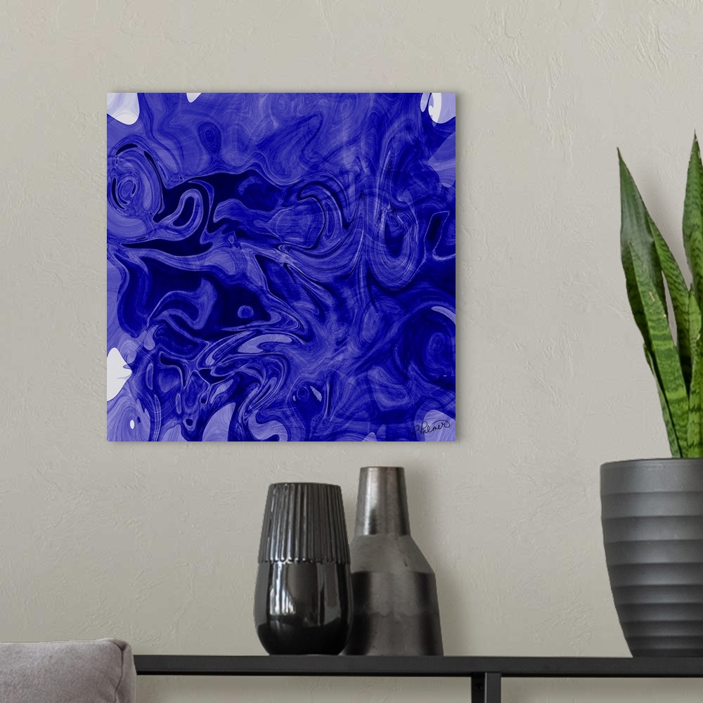 A modern room featuring A square image of varies shades of blue layering in swirled shapes.