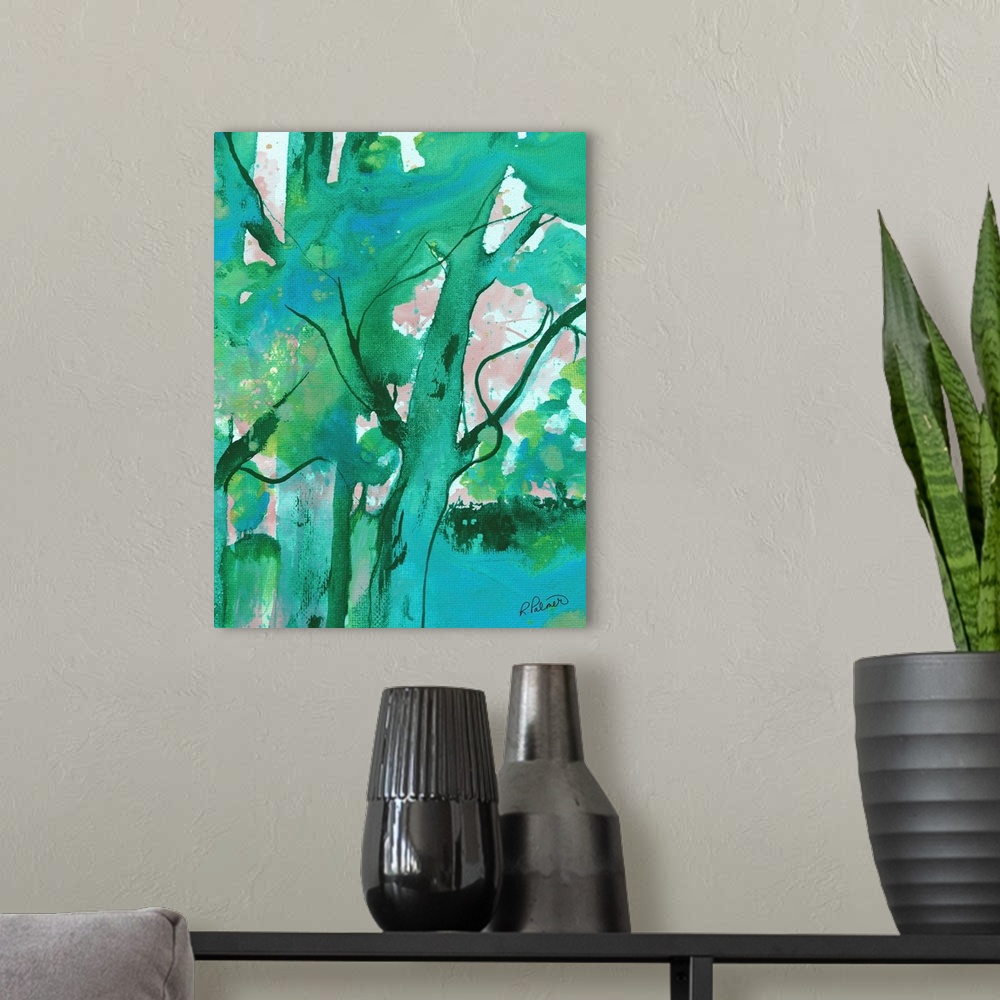 A modern room featuring Abstract painting in bright shades of blue, green, and gray.