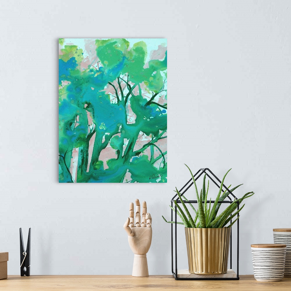 A bohemian room featuring Abstract painting in bright shades of blue, green, and gray.