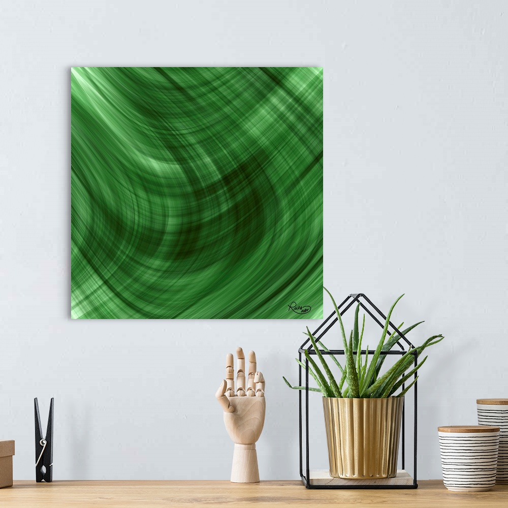 A bohemian room featuring Digital abstract art of intersecting waves of bold green color.
