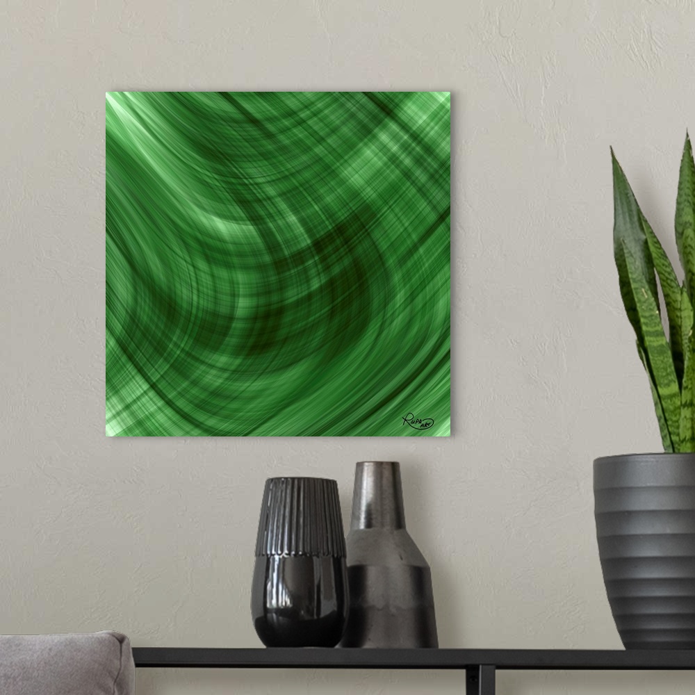 A modern room featuring Digital abstract art of intersecting waves of bold green color.