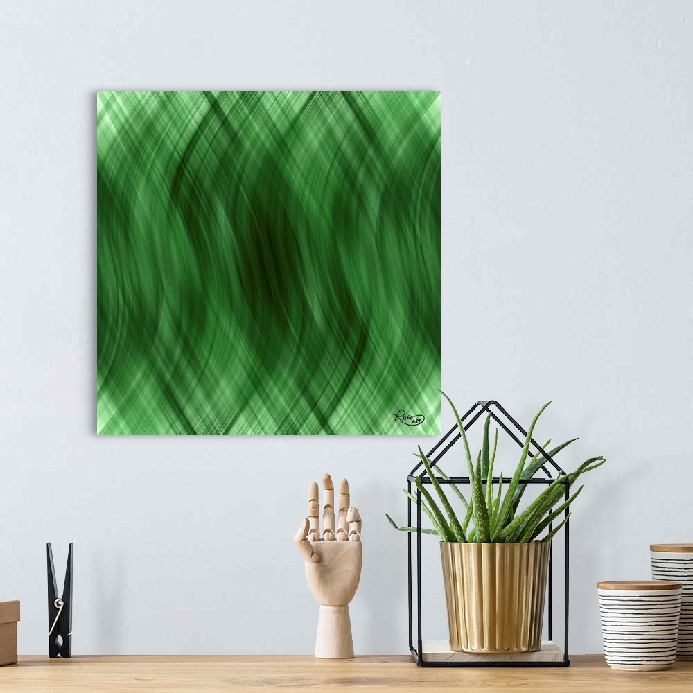 A bohemian room featuring Digital abstract art of intersecting waves of bold green color.