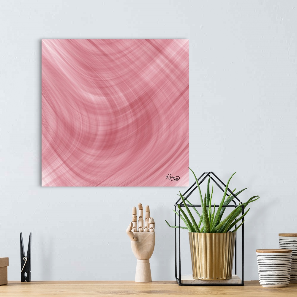 A bohemian room featuring Abstract digital art of curved waves in muted pink.