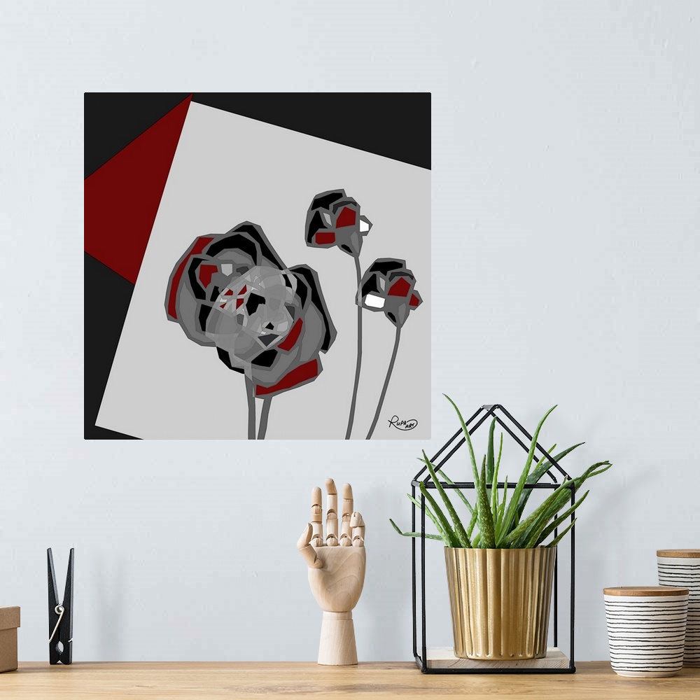 A bohemian room featuring Square abstract painting of red, gray, black, and white flowers created using sections of color.