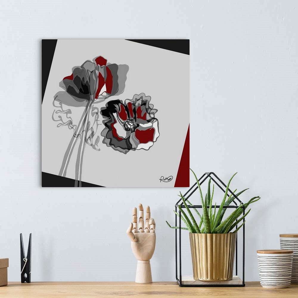 A bohemian room featuring Square abstract painting of red, gray, black, and white flowers created using sections of color.