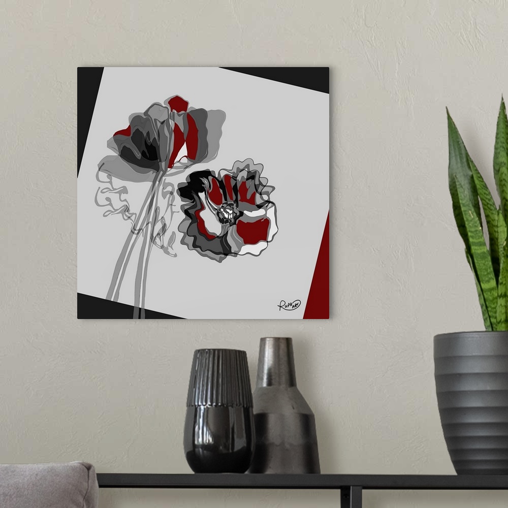 A modern room featuring Square abstract painting of red, gray, black, and white flowers created using sections of color.