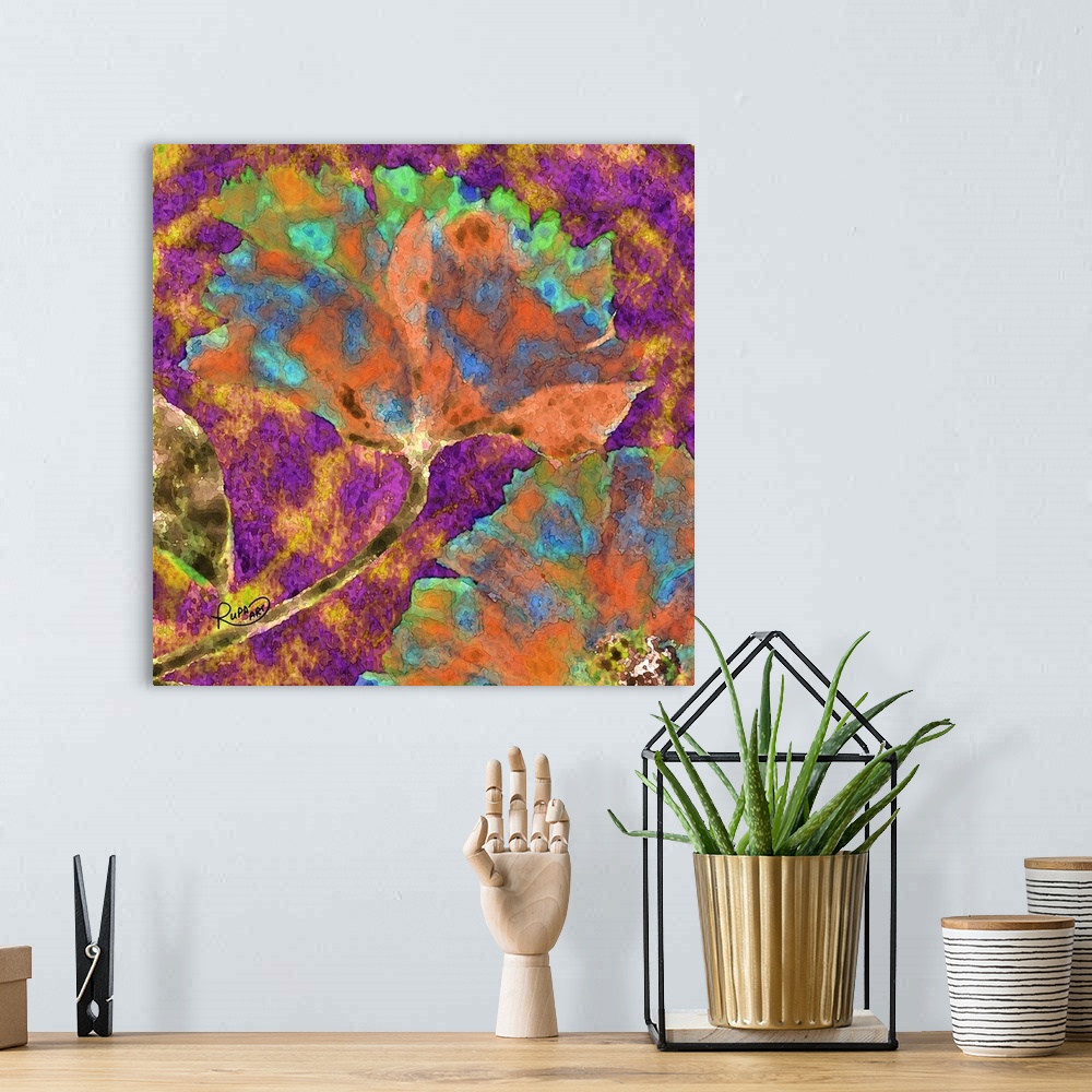 A bohemian room featuring Square abstract art with a floral print made out of curvy lines and filled in with watercolor-lik...