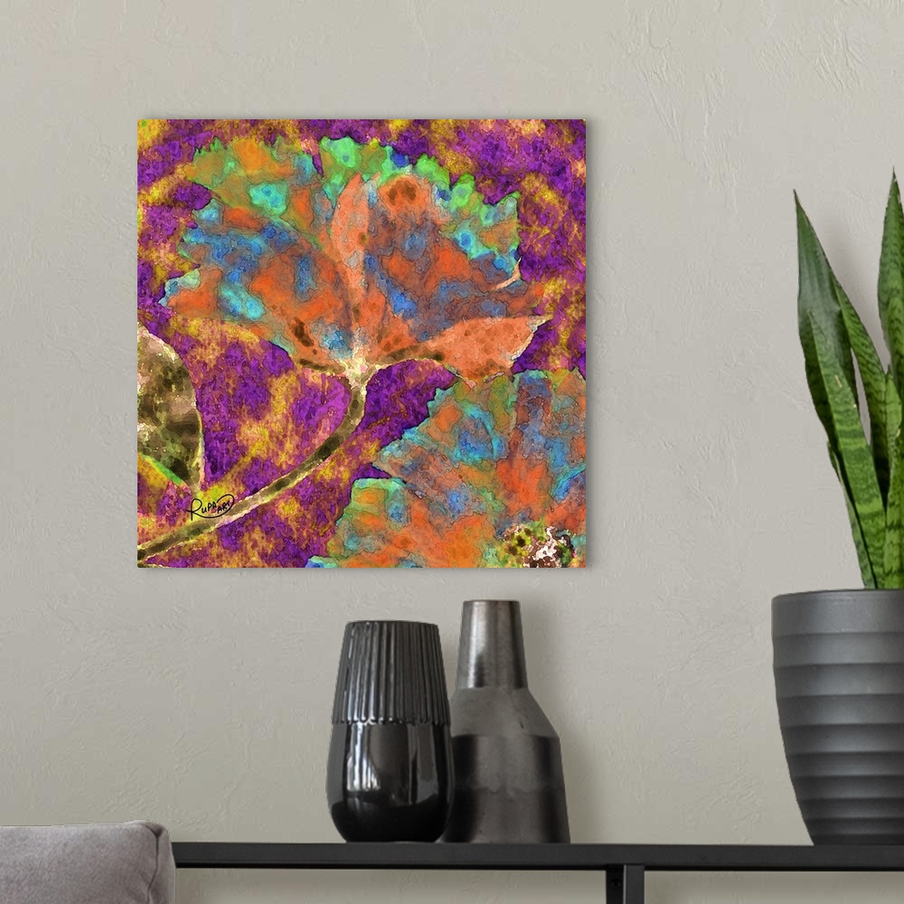 A modern room featuring Square abstract art with a floral print made out of curvy lines and filled in with watercolor-lik...