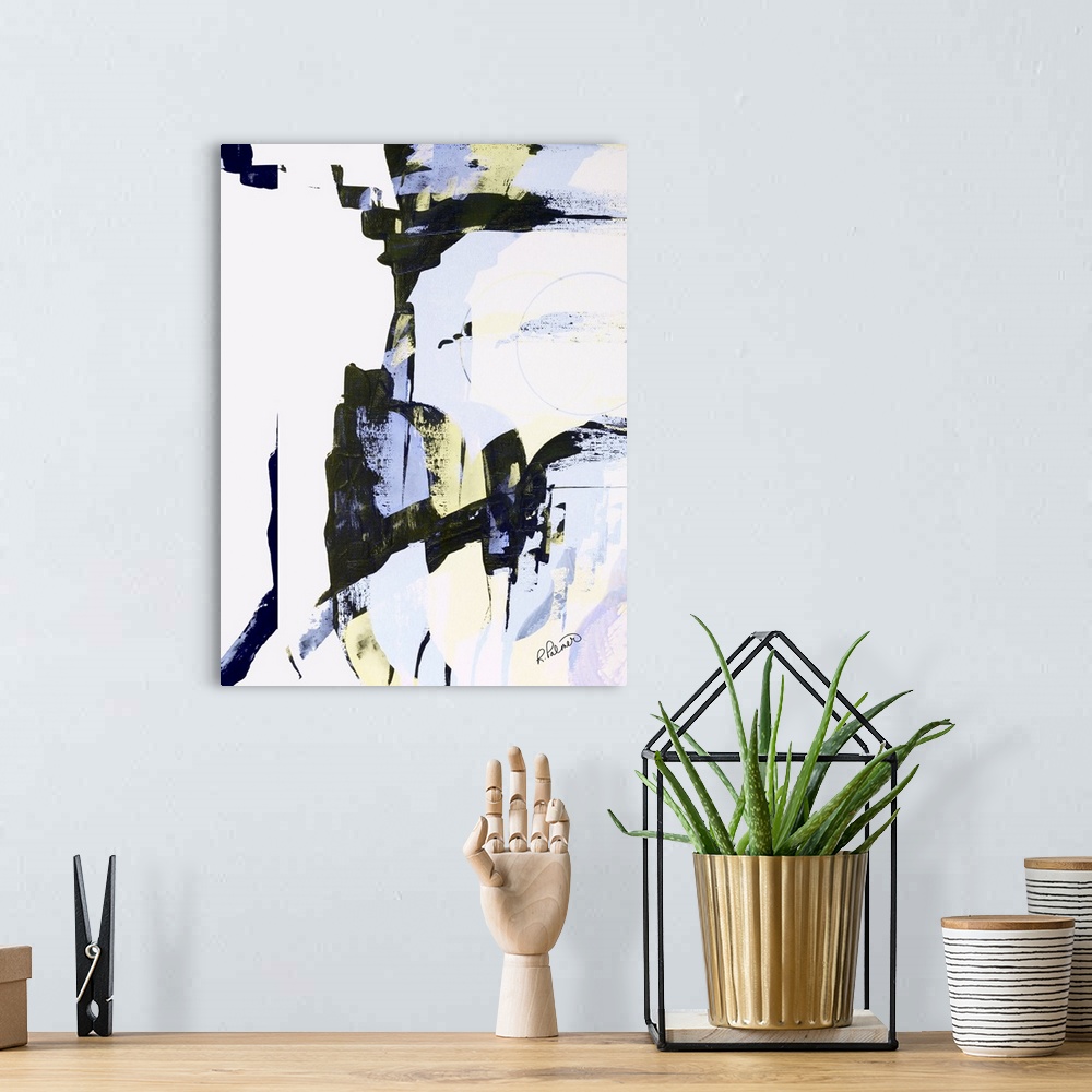 A bohemian room featuring Abstract painting with sporadic brushstrokes in black, yellow, and light purple hues on a white b...