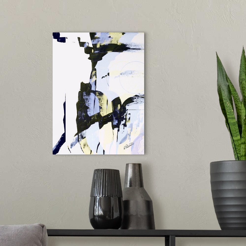 A modern room featuring Abstract painting with sporadic brushstrokes in black, yellow, and light purple hues on a white b...