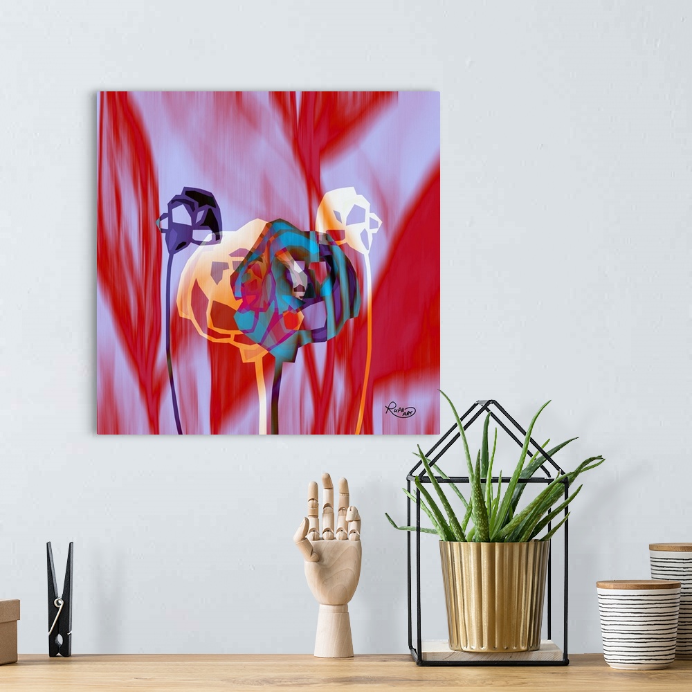 A bohemian room featuring Square abstract painting of flowers coming together on a pink and red designed background.