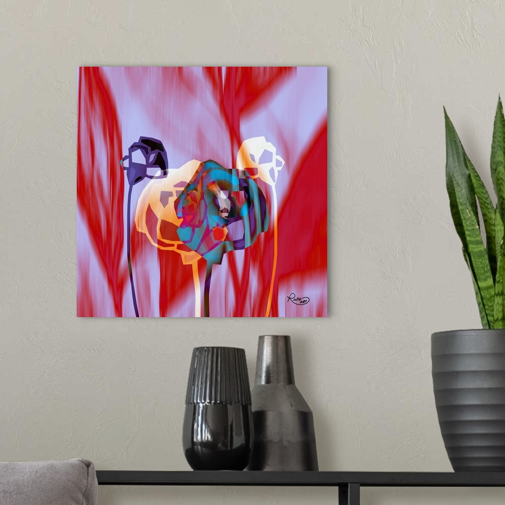 A modern room featuring Square abstract painting of flowers coming together on a pink and red designed background.