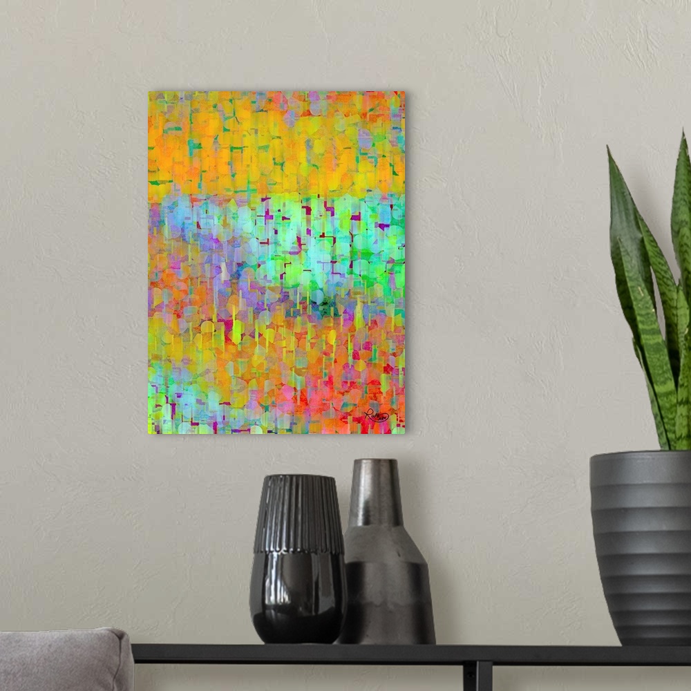 A modern room featuring Vertical abstract artwork in a rainbow of colors with circular and line shapes.