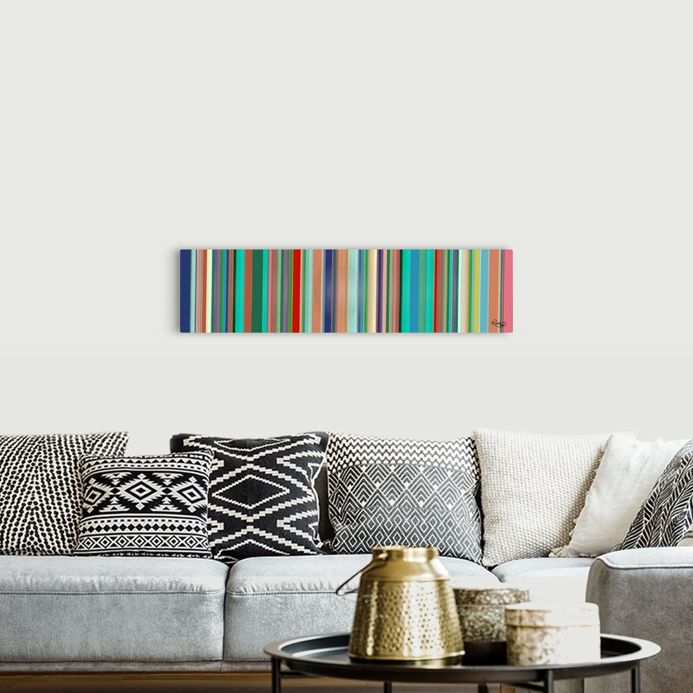 A bohemian room featuring Panoramic art with colorful vertical lines.