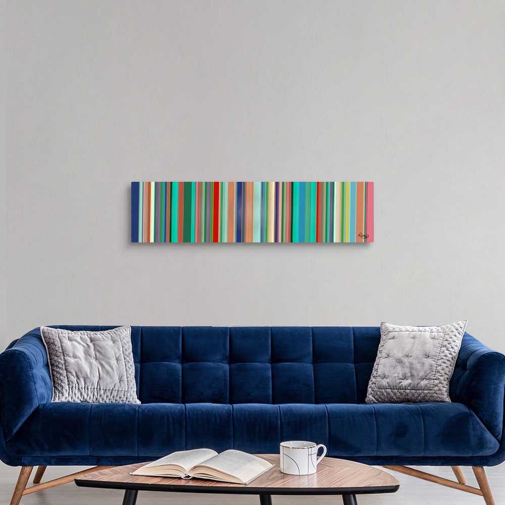A modern room featuring Panoramic art with colorful vertical lines.