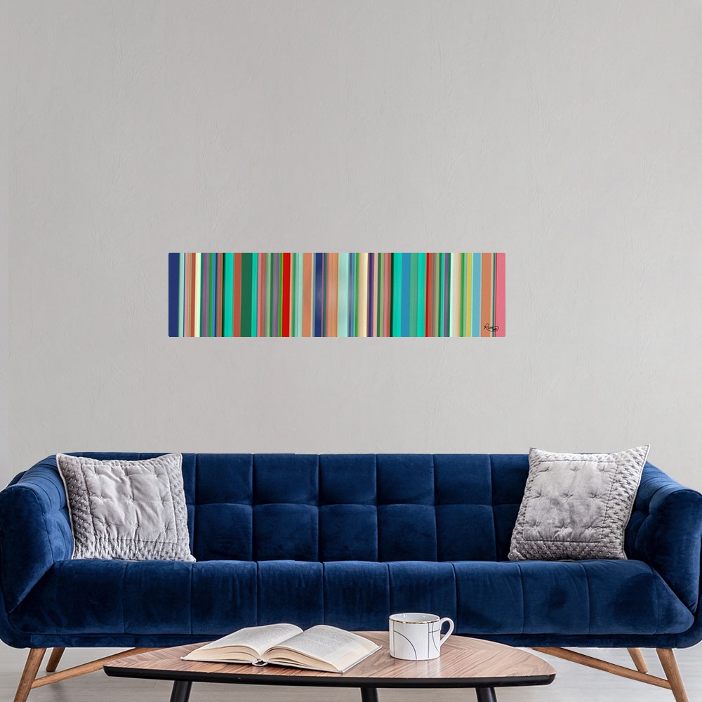 A modern room featuring Panoramic art with colorful vertical lines.