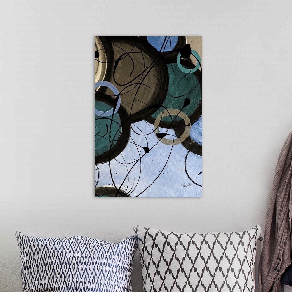 A bohemian room featuring A contemporary abstract painting using circle and paint drizzle in mute tones.