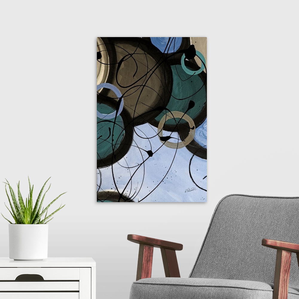 A modern room featuring A contemporary abstract painting using circle and paint drizzle in mute tones.
