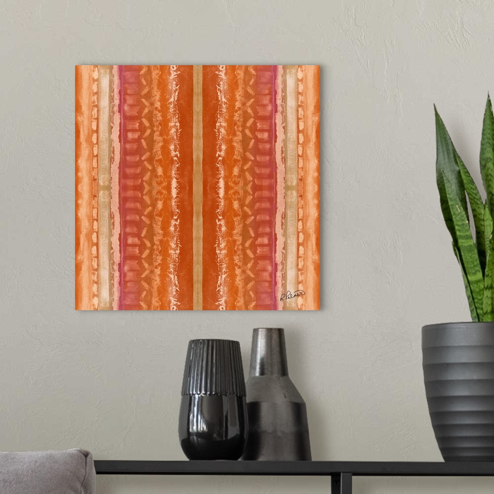 A modern room featuring Square contemporary artwork of vertical textured lines in different designs against an orange bac...