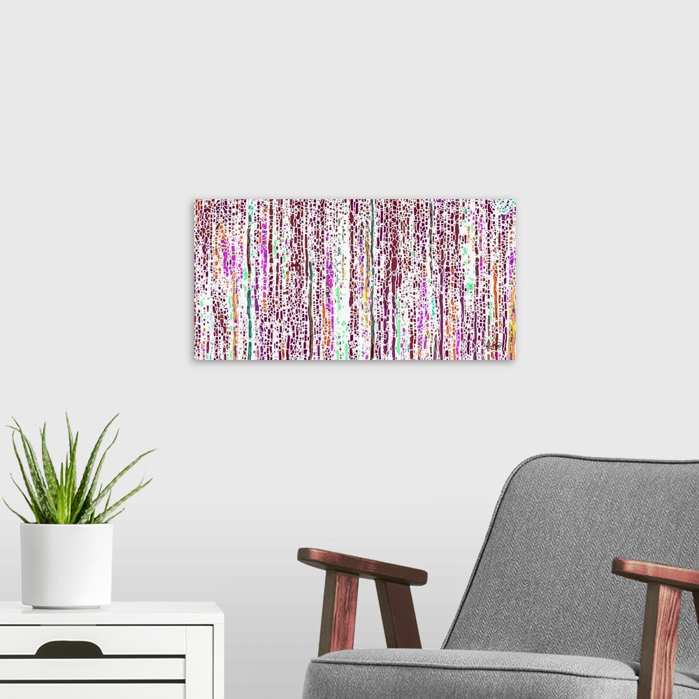 A modern room featuring Contemporary abstract art of cascading dots in vibrant pink, green, and dark red.