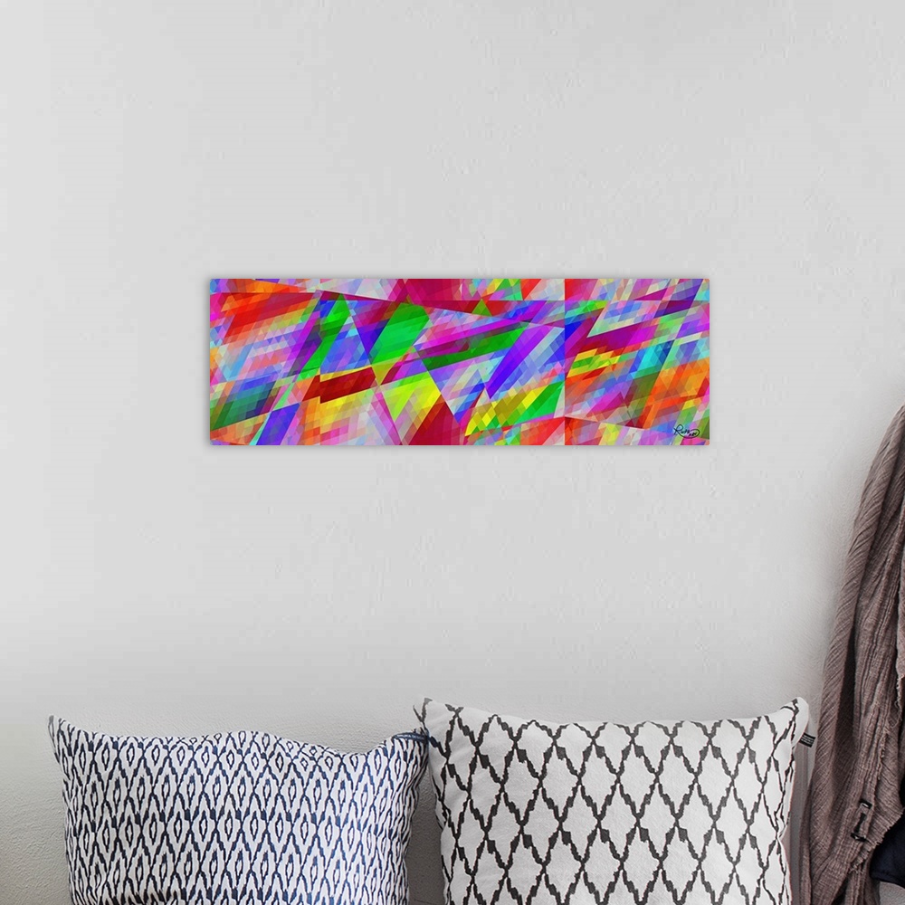 A bohemian room featuring Contemporary digital art of abstract shapes in neon rainbow colors.