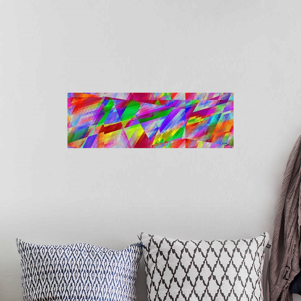 A bohemian room featuring Contemporary digital art of abstract shapes in neon rainbow colors.