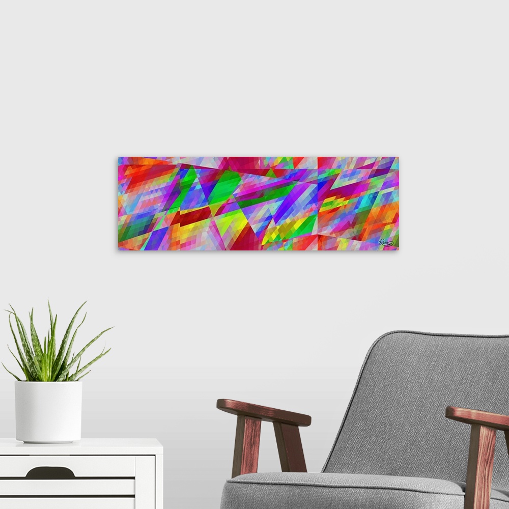 A modern room featuring Contemporary digital art of abstract shapes in neon rainbow colors.