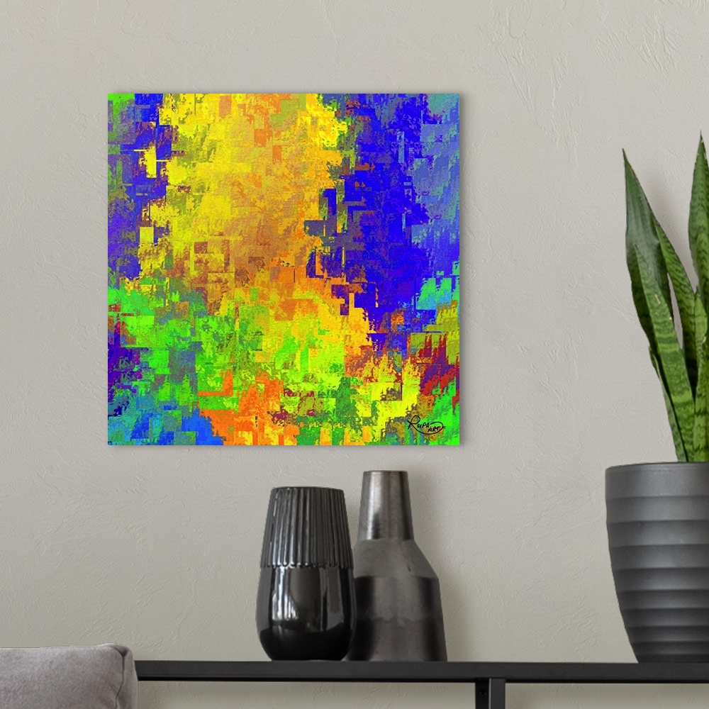A modern room featuring Square abstract art with shapes and textures layered together in all colors of the rainbow