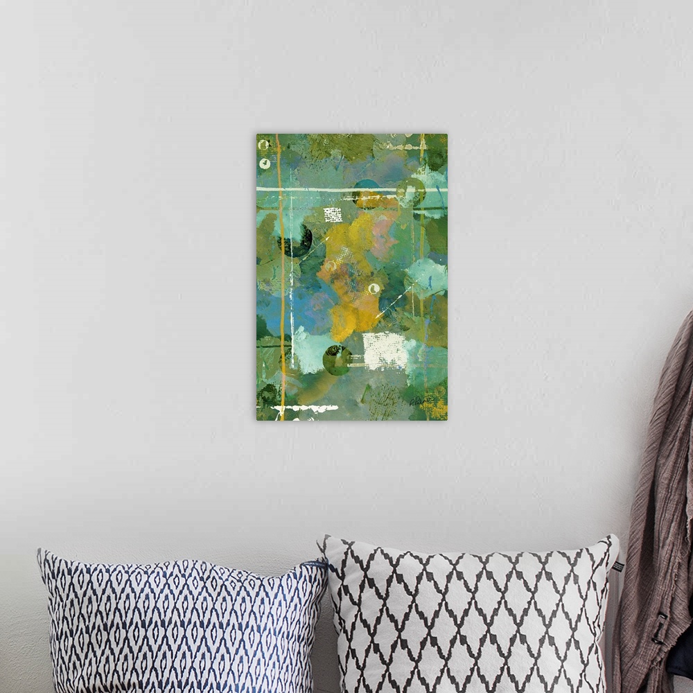 A bohemian room featuring Abstract painting with layers of blue, green, and yellow hues topped with bright white lines and ...