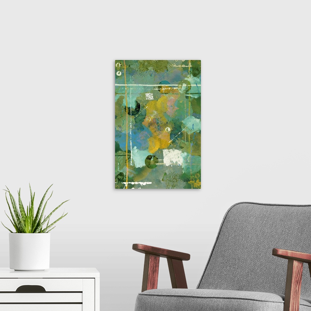 A modern room featuring Abstract painting with layers of blue, green, and yellow hues topped with bright white lines and ...