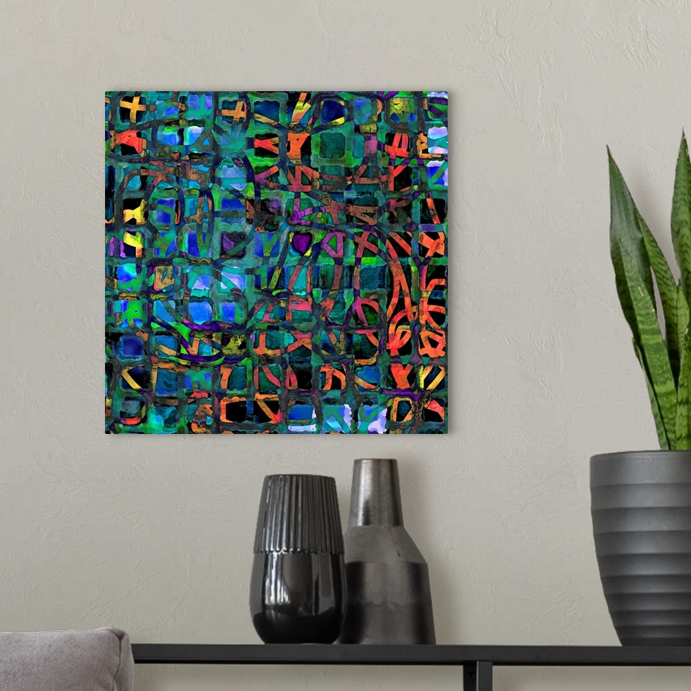 A modern room featuring Square abstract art made out of colorful squares and a loopy lined design on top.