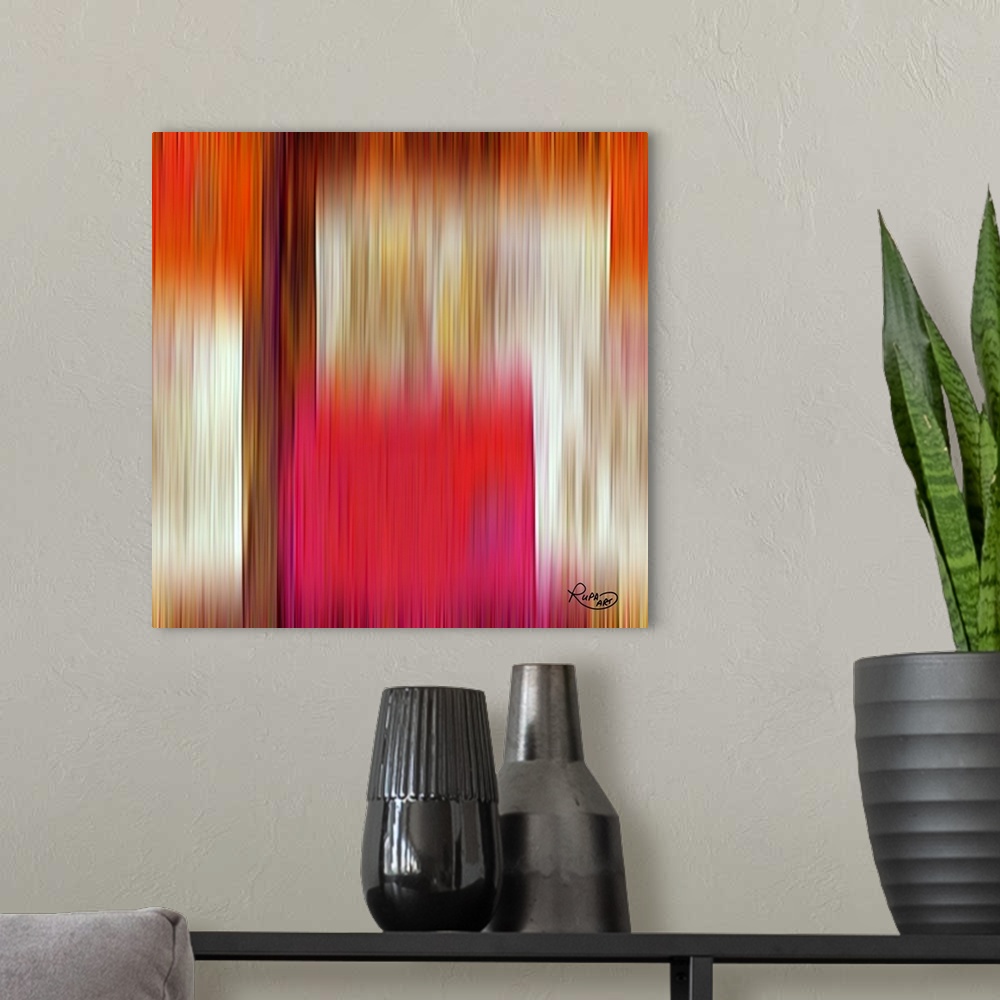 A modern room featuring Vibrant abstract artwork in blurred vertical lines that fades to different colors.
