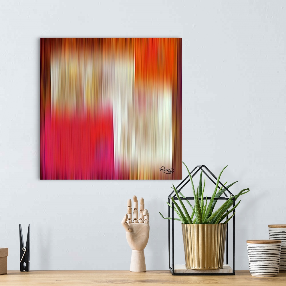 A bohemian room featuring Vibrant abstract artwork in blurred vertical lines that fades to different colors.