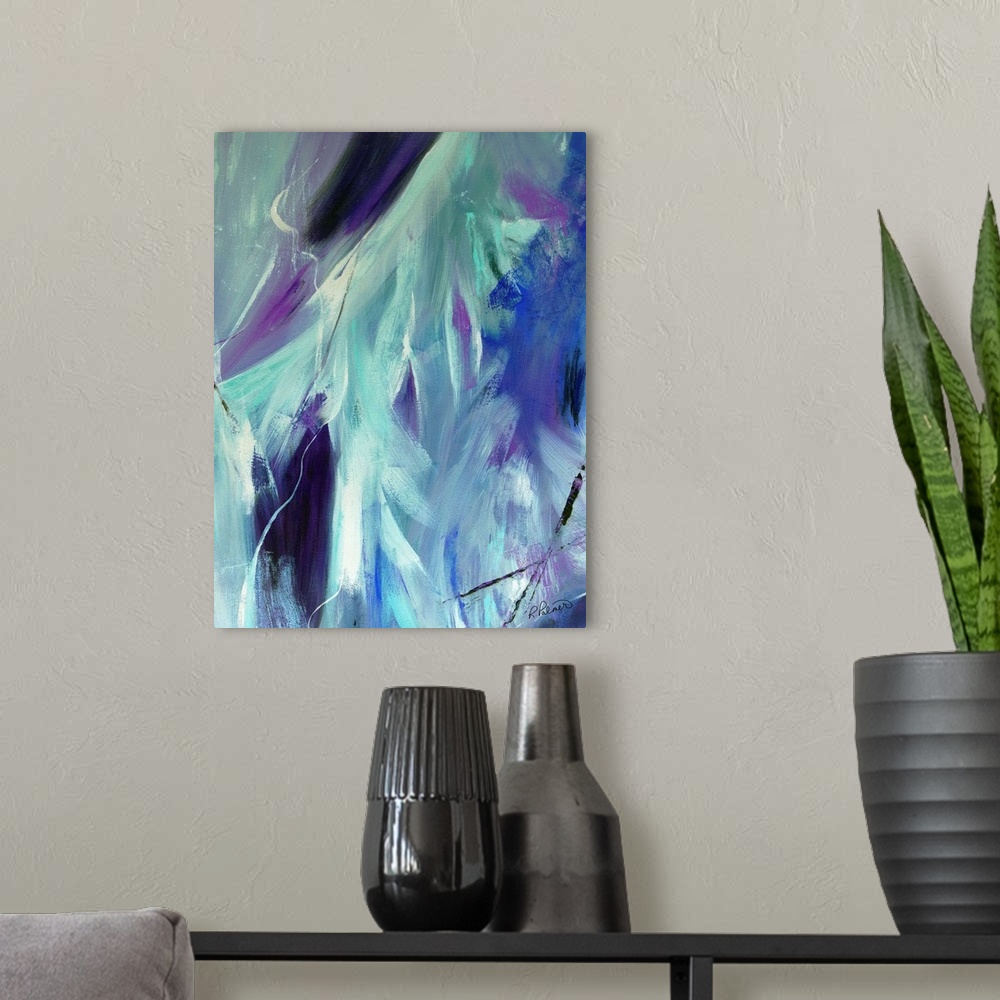 A modern room featuring Abstract painting created with shades of blue, purple, black, and white blended together.