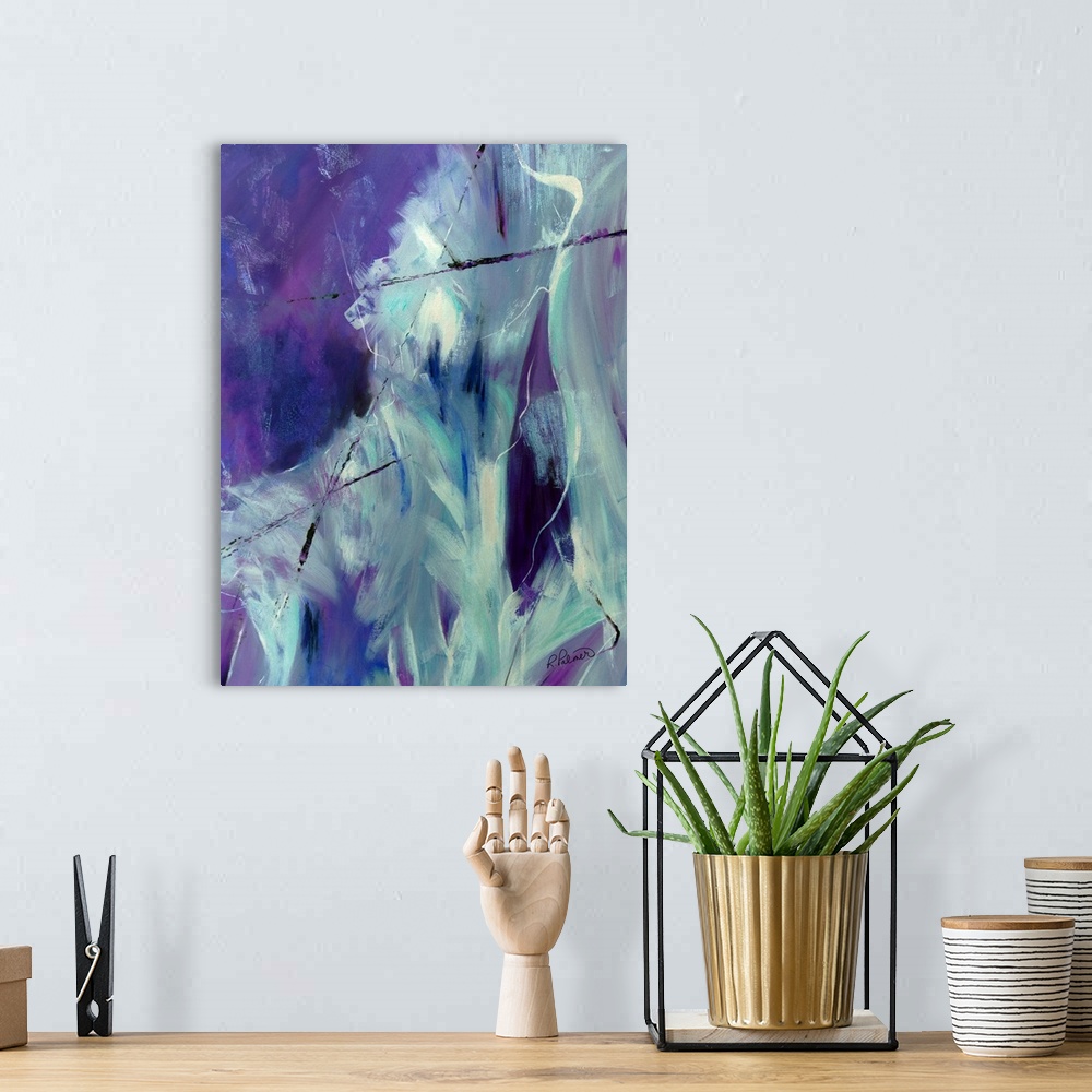 A bohemian room featuring Abstract painting in shades of purple, white, gray, and blue with thin black and purple lines on ...