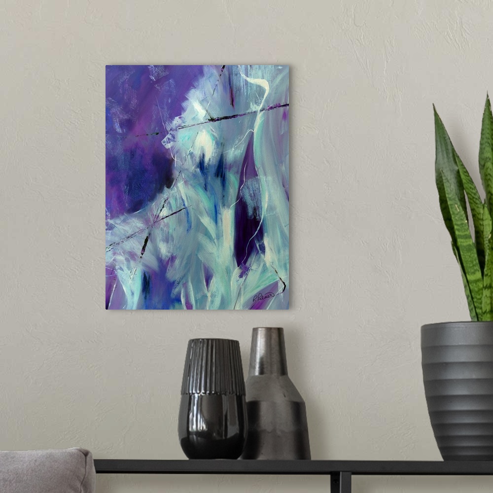 A modern room featuring Abstract painting in shades of purple, white, gray, and blue with thin black and purple lines on ...