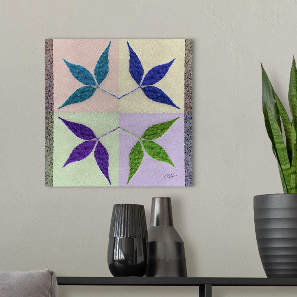 A modern room featuring A square design of four mirrored leaves in different colors with a crystallized overlay.
