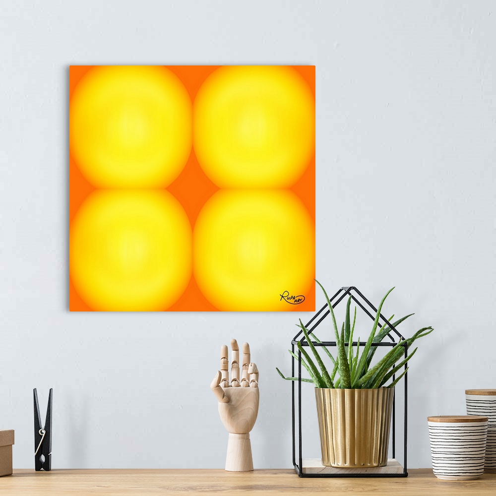 A bohemian room featuring Square abstract of four large blurred yellow circles against an orange backdrop.