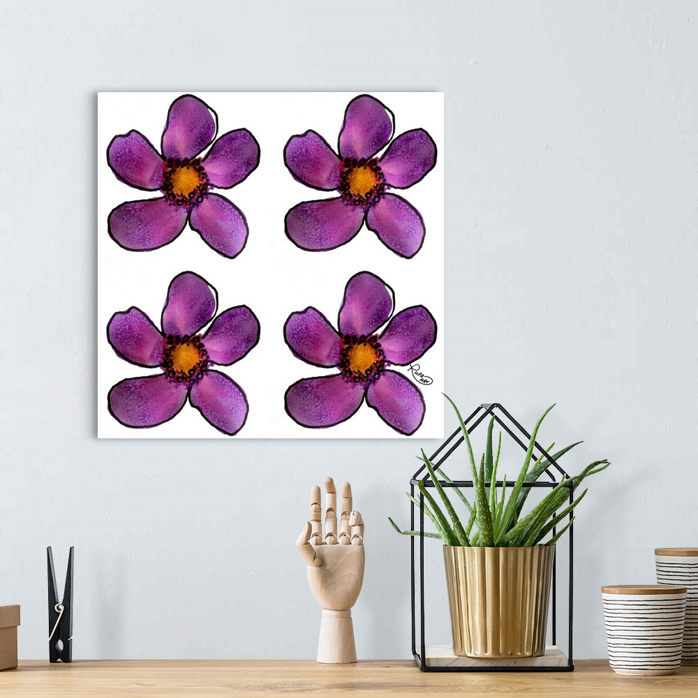 A bohemian room featuring Square watercolor painting of four purple flowers.