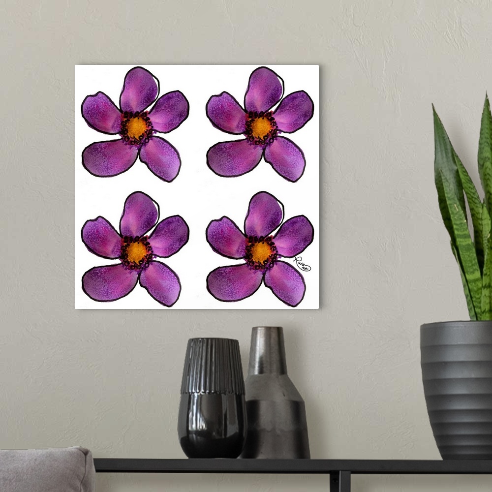 A modern room featuring Square watercolor painting of four purple flowers.