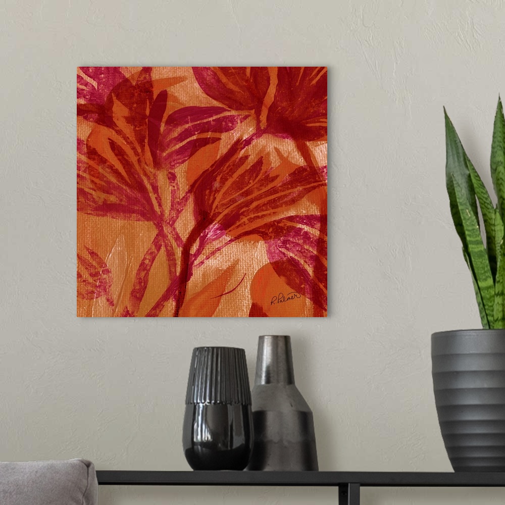 A modern room featuring Square decorative painting of pink silhouettes of Fall foliage on an orange background.
