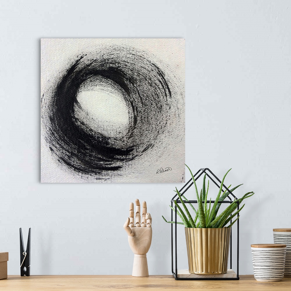 A bohemian room featuring Square abstract painting with a large circle in the center on a white-gray background.