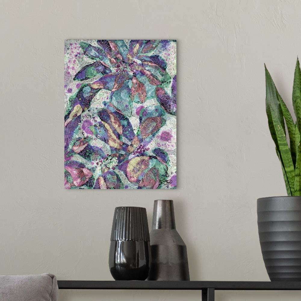 A modern room featuring Spotted abstract art with a floral design in cool tones.